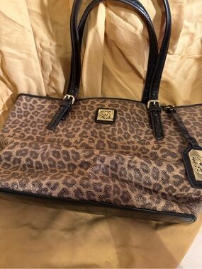 Anne Klein Leopard Print Tote Bag with Black Trim and red interior